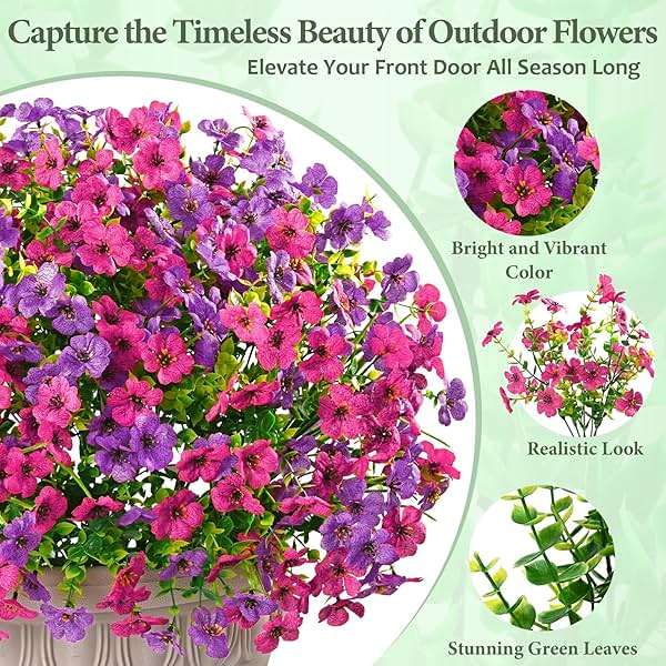 Yastouay 12 Bundles Artificial Flowers for Outdoors, UV Resistant Artificial Outdoor Flowers No Fade Fake Outdoor Flowers Plants for Garden Porch Window Box Pot Planters Decor (Fuchsia+Rose Red) - Image 5