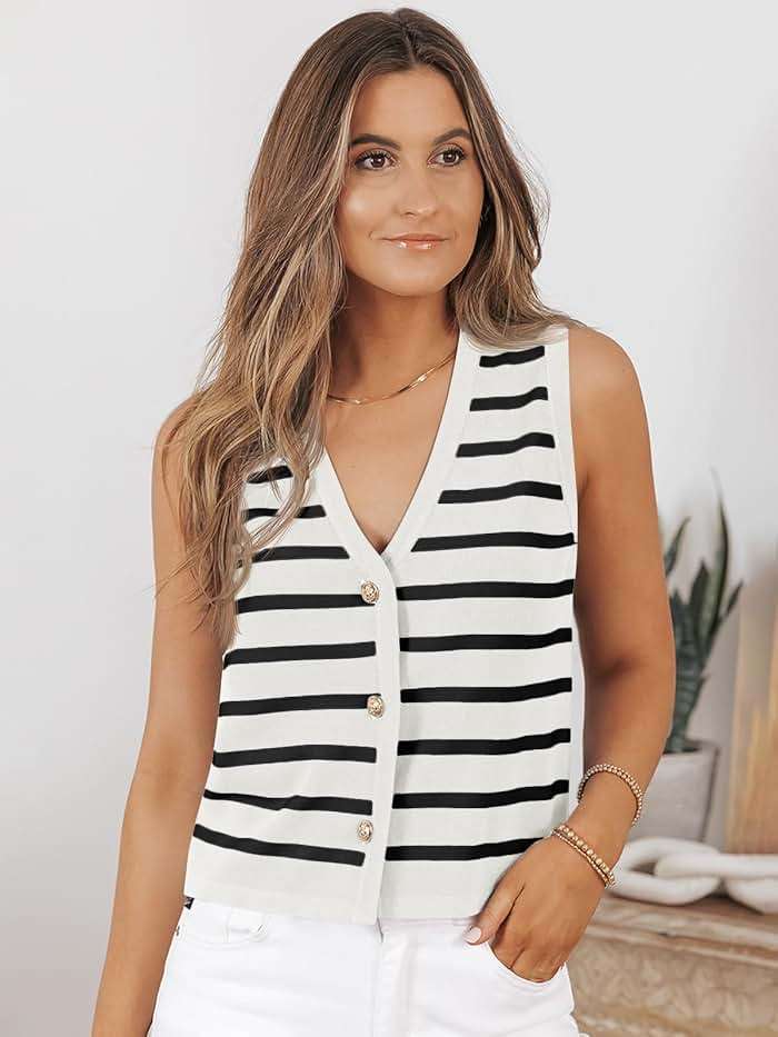 LILLUSORY Vest Tops for Women 2026 Summer Outfits Striped Sweaters Button Up Casual Blouses Jacket Fashion Clothes - Image 2