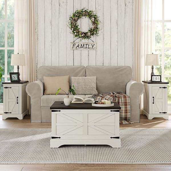 Furnideco Farmhouse Lift Top Coffee Table, Square Wood Center Table with Large Hidden Storage Compartment for Living Room, Rustic Cocktail White Modern Table with Hinged Lift Top, Brown Top - Image 5