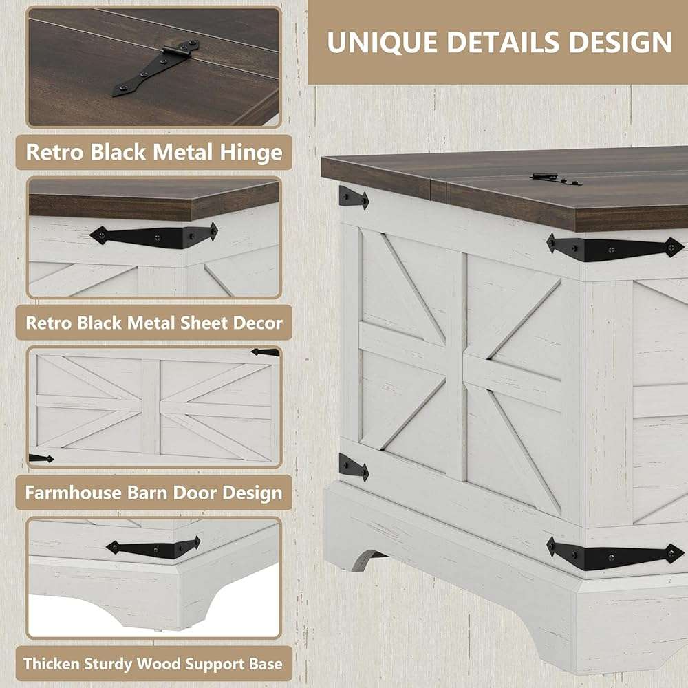 Furnideco Farmhouse Lift Top Coffee Table, Square Wood Center Table with Large Hidden Storage Compartment for Living Room, Rustic Cocktail White Modern Table with Hinged Lift Top, Brown Top - Image 6