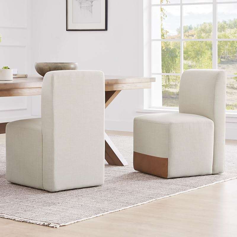 CHITA Dining Chairs with Casters Set of 2, FSC Certified Upholstered Armless Modern Rolling Dining Chairs with Rollers for Bedroom Reading Room Living Room, Linen & Cognac Faux Leather Patchwork - Image 1