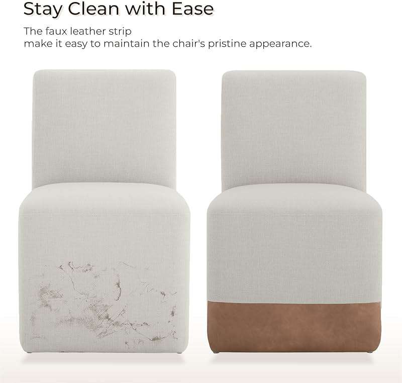 CHITA Dining Chairs with Casters Set of 2, FSC Certified Upholstered Armless Modern Rolling Dining Chairs with Rollers for Bedroom Reading Room Living Room, Linen & Cognac Faux Leather Patchwork - Image 3