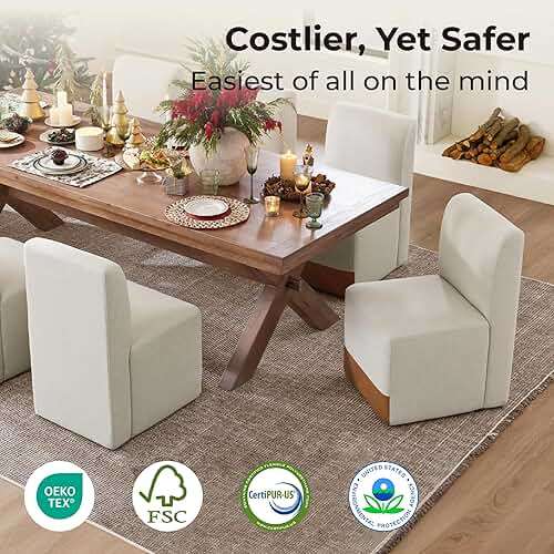 CHITA Dining Chairs with Casters Set of 2, FSC Certified Upholstered Armless Modern Rolling Dining Chairs with Rollers for Bedroom Reading Room Living Room, Linen & Cognac Faux Leather Patchwork - Image 4