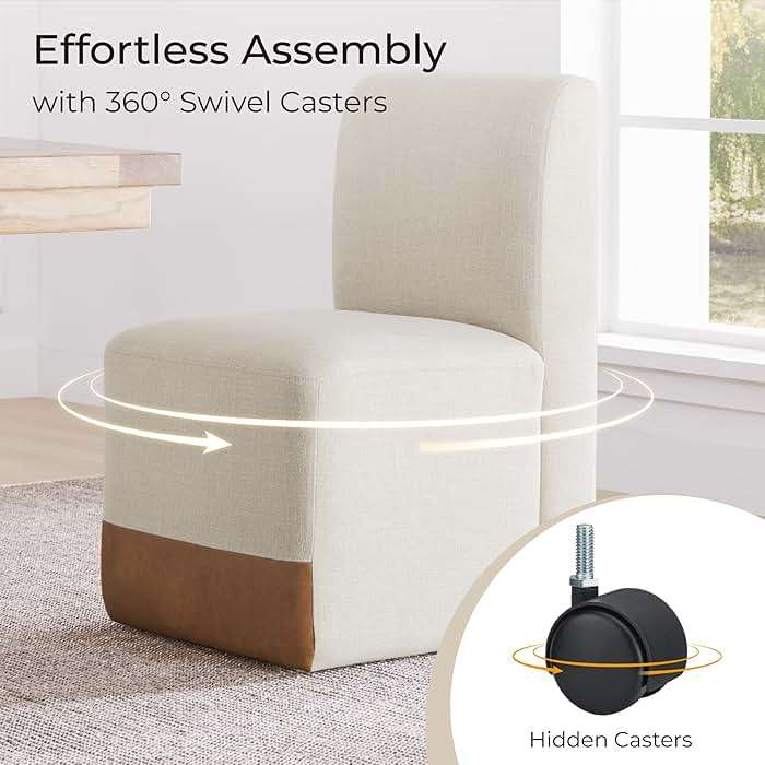 CHITA Dining Chairs with Casters Set of 2, FSC Certified Upholstered Armless Modern Rolling Dining Chairs with Rollers for Bedroom Reading Room Living Room, Linen & Cognac Faux Leather Patchwork - Image 6