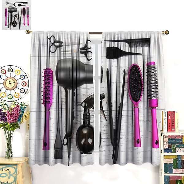 ZhiRain Fashion Makeup Curtains Hair Salon Cosmetic Haircut Equipment Hair Dryer and Comb Pattern Curtain with Rod Pocket for Home Decor Drapes Window Treatments 2 Panels Set 42x54 Inch - Image 2