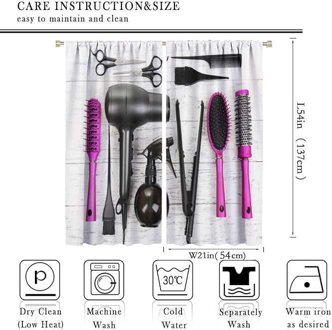ZhiRain Fashion Makeup Curtains Hair Salon Cosmetic Haircut Equipment Hair Dryer and Comb Pattern Curtain with Rod Pocket for Home Decor Drapes Window Treatments 2 Panels Set 42x54 Inch - Image 3