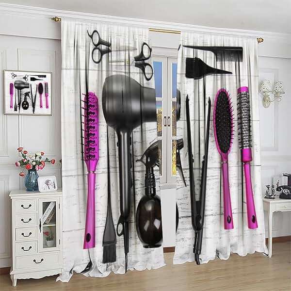 ZhiRain Fashion Makeup Curtains Hair Salon Cosmetic Haircut Equipment Hair Dryer and Comb Pattern Curtain with Rod Pocket for Home Decor Drapes Window Treatments 2 Panels Set 42x54 Inch - Image 4