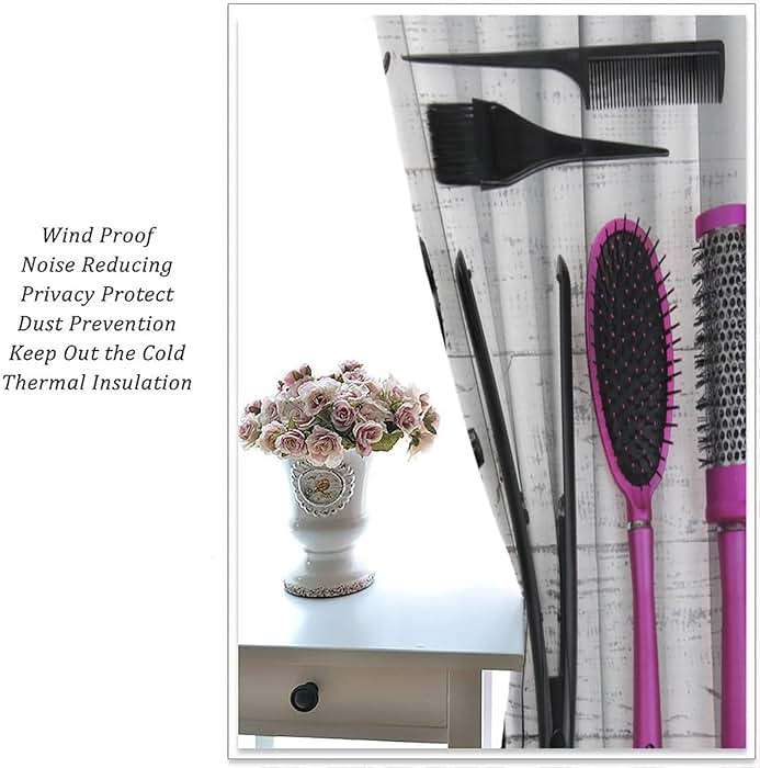 ZhiRain Fashion Makeup Curtains Hair Salon Cosmetic Haircut Equipment Hair Dryer and Comb Pattern Curtain with Rod Pocket for Home Decor Drapes Window Treatments 2 Panels Set 42x54 Inch - Image 5