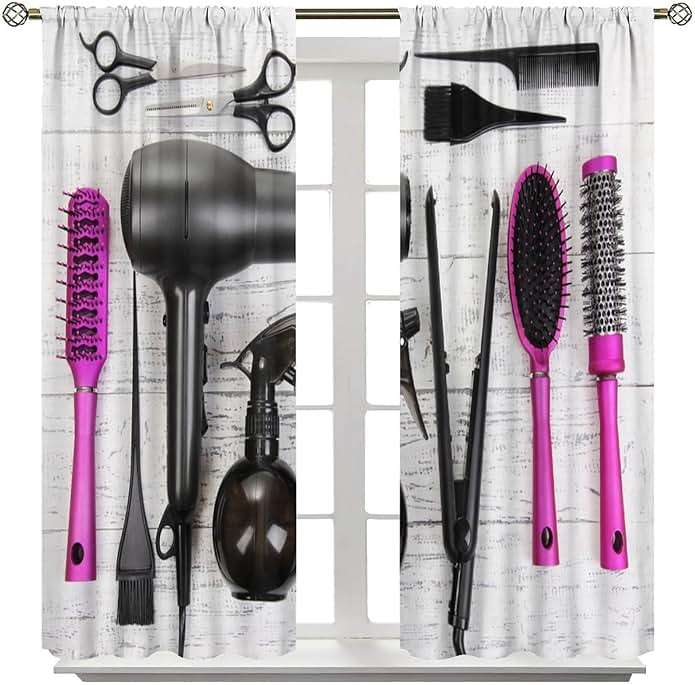 ZhiRain Fashion Makeup Curtains Hair Salon Cosmetic Haircut Equipment Hair Dryer and Comb Pattern Curtain with Rod Pocket for Home Decor Drapes Window Treatments 2 Panels Set 42x54 Inch - Image 8
