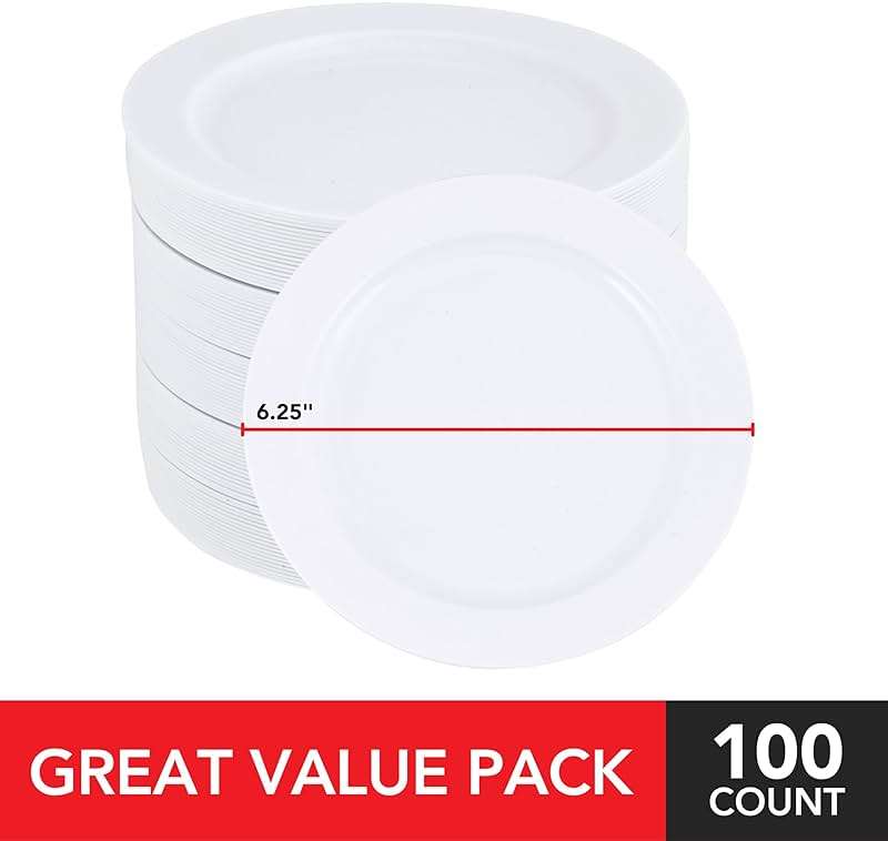 Stock Your Home 100 Count Premium White Plastic Plates, 6 Inch White Disposable Wedding Cake Plates, Heavy Duty Plastic Dessert Plates, Cocktail Appetizer Plates for Christmas Dinner Parties - Image 3