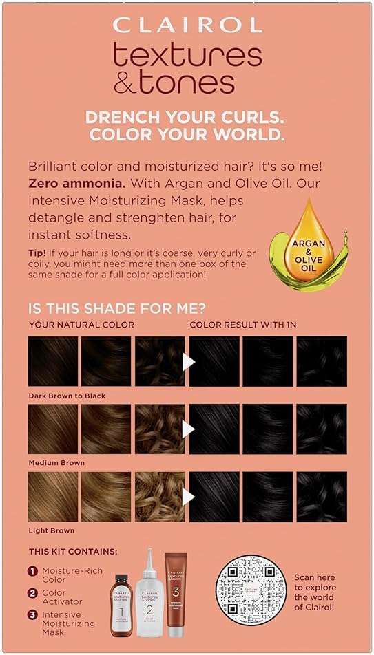 Clairol Textures & Tones Permanent Hair Dye, 1N Natural Black Hair Color | Ammonia-Free | Moisture-Rich Formula with Argan, and Olive Oil for Brilliant Shine | Pack of 1 - Image 2