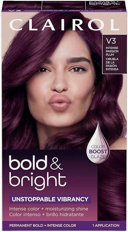Clairol Bold & Bright Permanent Hair Dye, V3 Intense Passion Plum Hair Color | Intense Vibrancy + Moisturizing Shine | Includes Color Boost Glaze to Amplify Color Anytime | Pack of 1 - Image 1