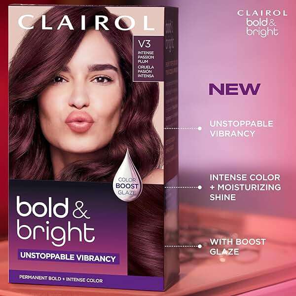 Clairol Bold & Bright Permanent Hair Dye, V3 Intense Passion Plum Hair Color | Intense Vibrancy + Moisturizing Shine | Includes Color Boost Glaze to Amplify Color Anytime | Pack of 1 - Image 5