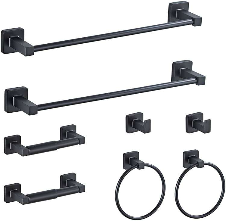 Matte Black Bathroom Hardware Set 8 Pieces,Towel Bar Set Stainless Steel Wall Mounted, Includes 16In Hand Towel Bar, Towel Ring, Robe Towel Hooks,Toilet Paper Holder, Bathroom Towel Rack Set… - Image 1