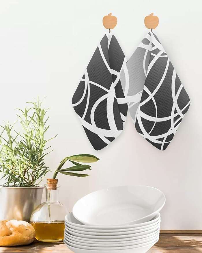 Geometric Gradient Grey Waffle Kitchen Dish Towels Set of 2,Super Absorbent & Quick Dry Hair Hand Bath Tea Golf Microfiber Soft Towel Cleaning Dish Washcloth,Modern Minimalist Abstract Circle 12"x12" - Image 3