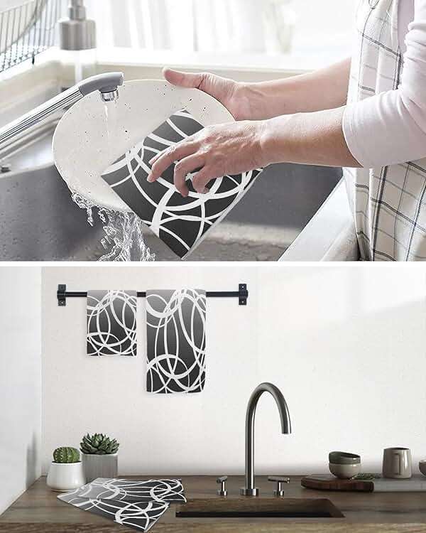 Geometric Gradient Grey Waffle Kitchen Dish Towels Set of 2,Super Absorbent & Quick Dry Hair Hand Bath Tea Golf Microfiber Soft Towel Cleaning Dish Washcloth,Modern Minimalist Abstract Circle 12"x12" - Image 8