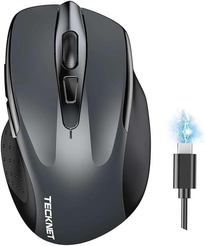 TECKNET Wireless Mouse (BT5.0/3.0 & 2.4G) Rechargeable 4800 DPI Silent USB A & Bluetooth Mouse 6 Buttons, Wide Compatibility - Grey - Image 1