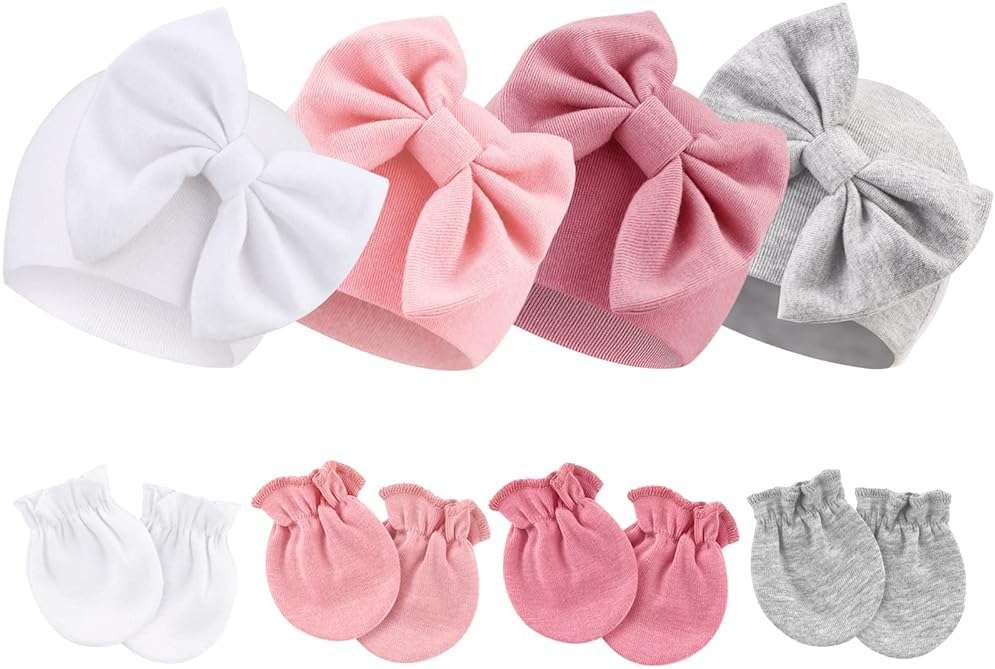 Newborn Baby Hats and Mittens Set Infant Bow Beanie Cap Toddler Gloves Newborn Hospital Hats for Baby Boy Girl 0-6 Months - Image 1