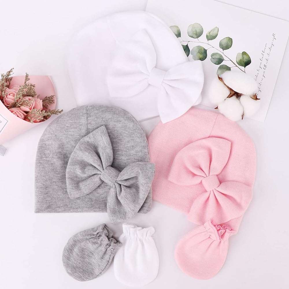 Newborn Baby Hats and Mittens Set Infant Bow Beanie Cap Toddler Gloves Newborn Hospital Hats for Baby Boy Girl 0-6 Months - Image 5