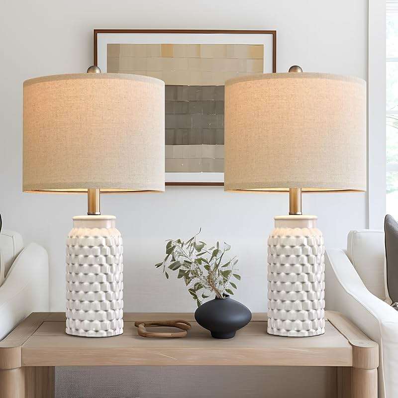 USumkky 20.5" White Modern Ceramic Bedside Lamps Set of 2, Small Table Lamp for Bedroom Decor Farmhouse Nightstand Lamp for Living Room Office - Image 1