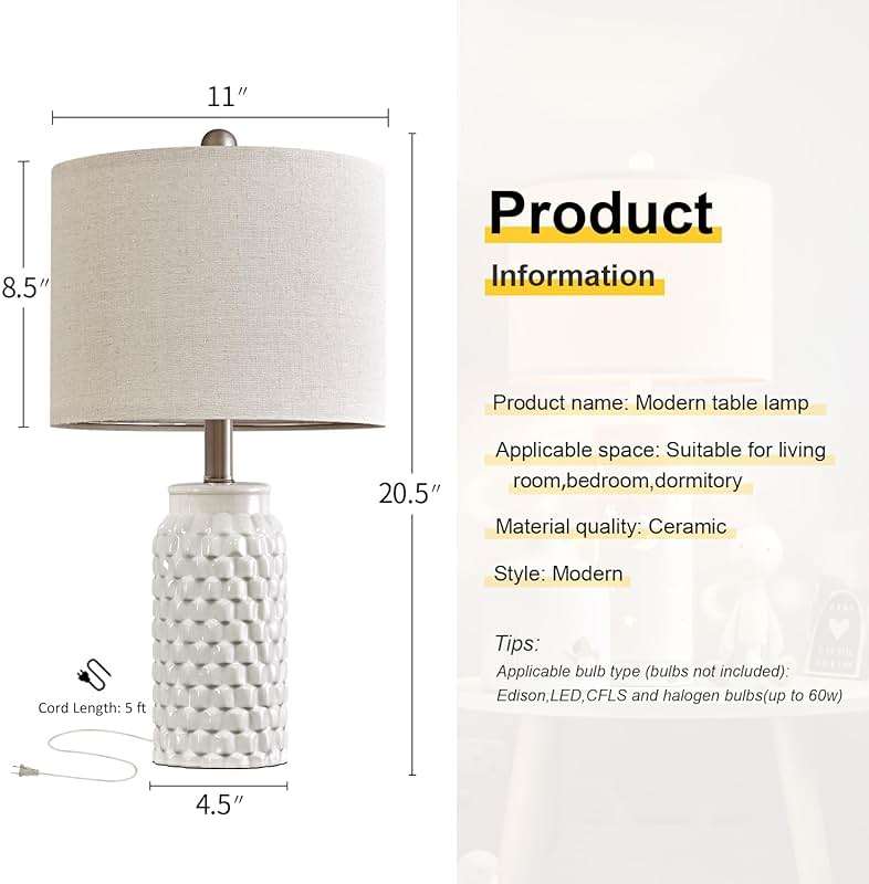 USumkky 20.5" White Modern Ceramic Bedside Lamps Set of 2, Small Table Lamp for Bedroom Decor Farmhouse Nightstand Lamp for Living Room Office - Image 3