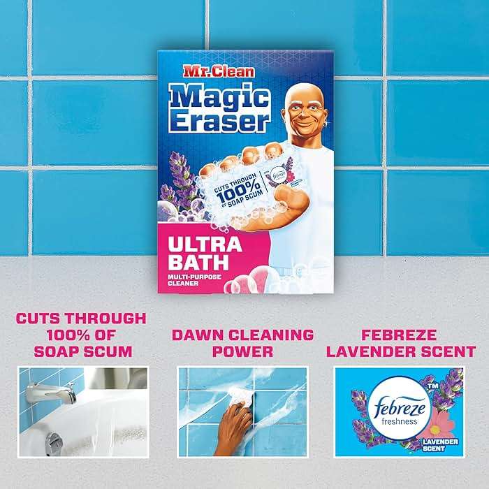 Mr. Clean Magic Eraser Sponge, Bathroom Cleaner, Shower Cleaner, Tub Cleaner, Soap Scum Remover, Bathroom Cleaning Supplies, Dawn Cleaning Power with Febreze Lavender Scent, 5ct - Image 2