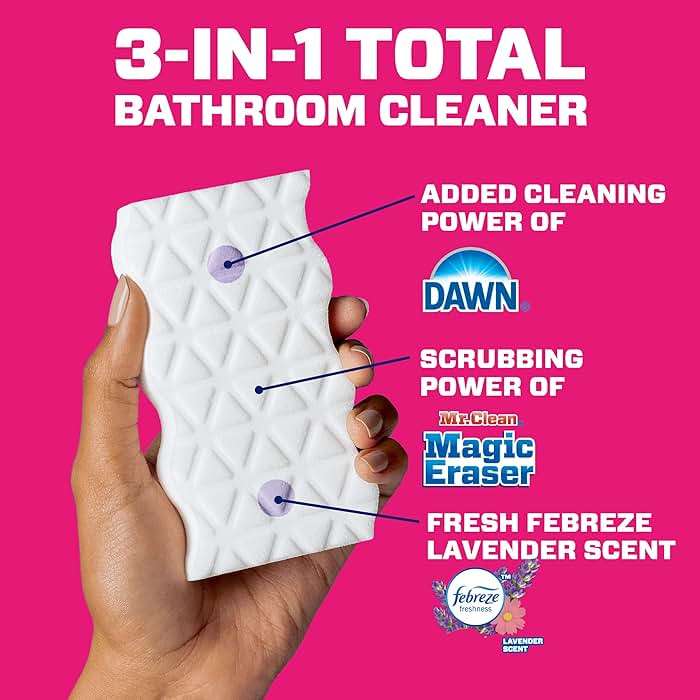 Mr. Clean Magic Eraser Sponge, Bathroom Cleaner, Shower Cleaner, Tub Cleaner, Soap Scum Remover, Bathroom Cleaning Supplies, Dawn Cleaning Power with Febreze Lavender Scent, 5ct - Image 6