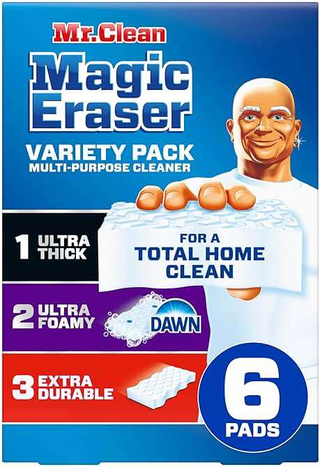 Mr. Clean Magic Eraser Sponge, All Purpose Cleaner, Cleaning Scrubber, Kitchen, Bathroom, Shower, Oven, Cleaning Supplies, Variety Pack with 1 Ultra Thick, 2 Ultra Foamy, & 3 Extra Durable, 6ct - Image 1