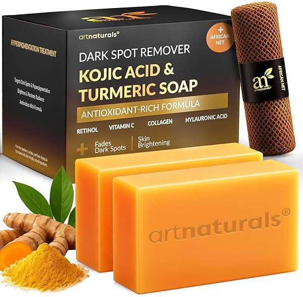 artnaturals Kojic Acid, Turmeric Dark Spot Remover Soap Bars with Vitamin C, Retinol, Collagen & Shea Butter - Original Japanese Complex Infused with Hyaluronic Acid - Includes African Net Sponge, 2 Pack - Image 1