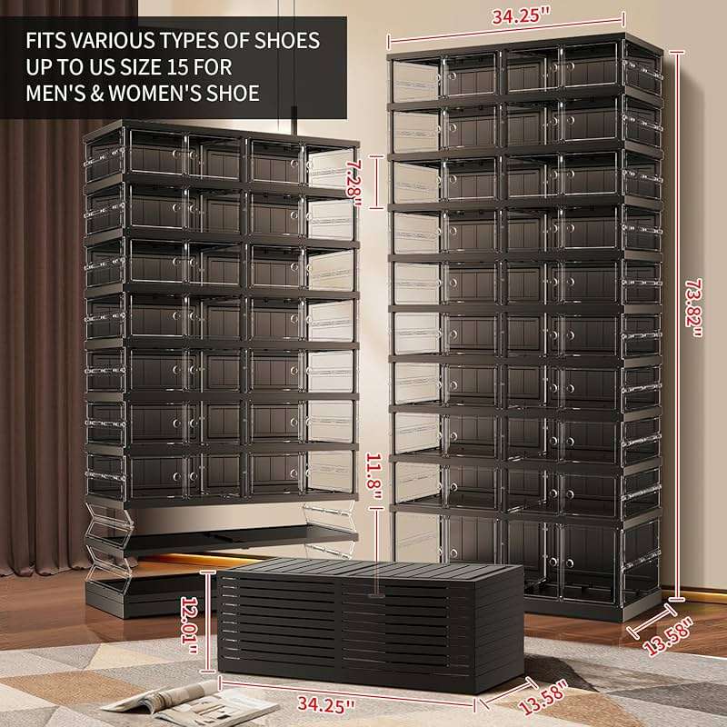EHAMILY 10 Tiers 20-40 Pairs Foldable Shoe Boxes Large Plastic Shoe Storage Rack Collapsible Shoe Organizer for Closet Clear Stackable Shoes Shelf Storage Cabinet with Doors Quick Assembly Black - Image 3