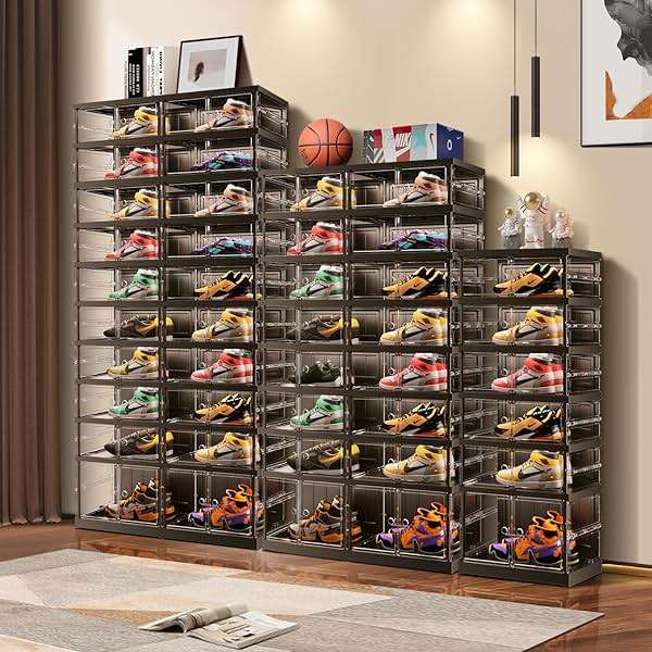 EHAMILY 10 Tiers 20-40 Pairs Foldable Shoe Boxes Large Plastic Shoe Storage Rack Collapsible Shoe Organizer for Closet Clear Stackable Shoes Shelf Storage Cabinet with Doors Quick Assembly Black - Image 4