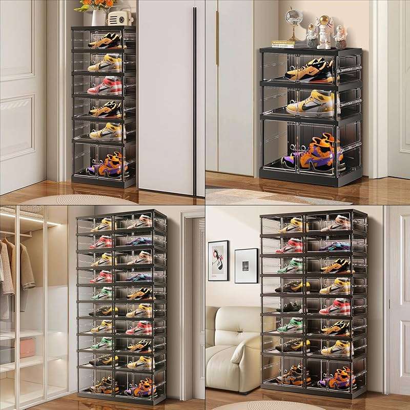 EHAMILY 10 Tiers 20-40 Pairs Foldable Shoe Boxes Large Plastic Shoe Storage Rack Collapsible Shoe Organizer for Closet Clear Stackable Shoes Shelf Storage Cabinet with Doors Quick Assembly Black - Image 7
