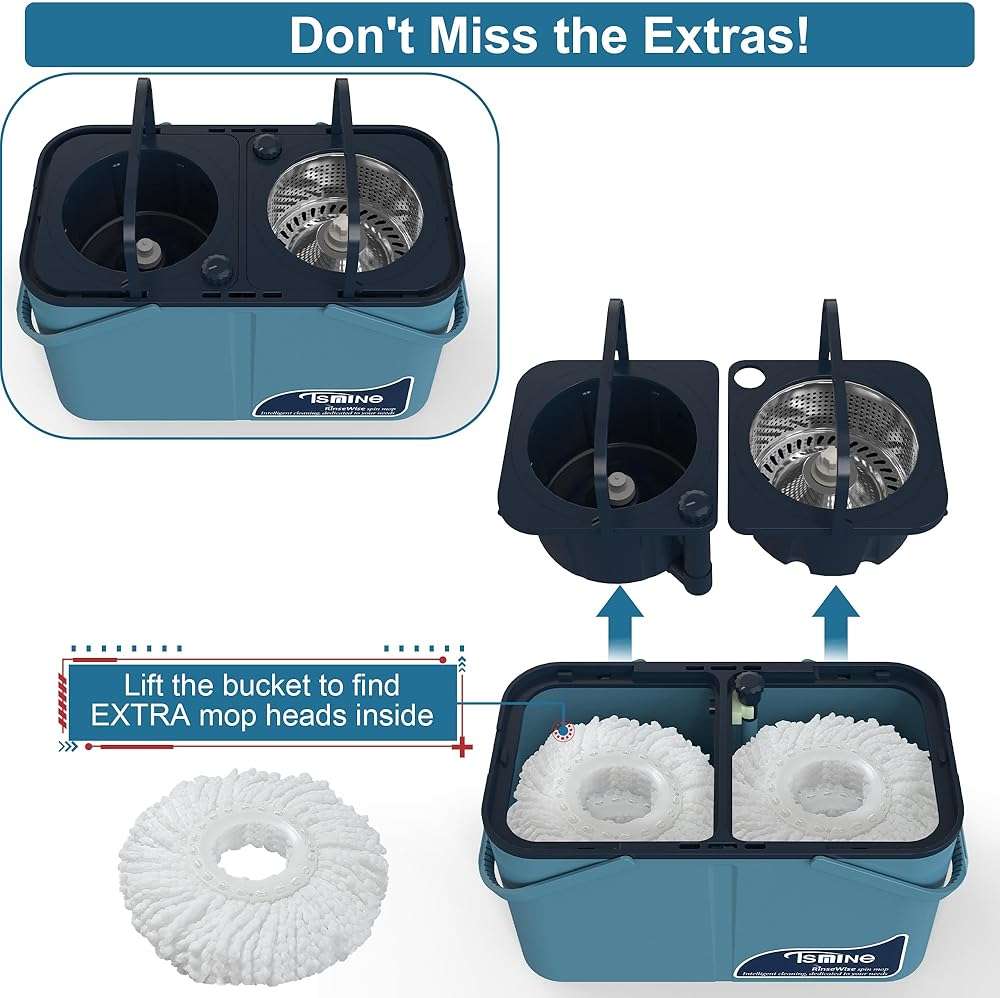 Gen 1 Large-Capacity Spin Mop and Bucket – for Big Homes & Deep Cleaning Days,4-Chamber System Separates Dirty & Clean Water, 2-GAL Heavy-Duty Design with Wheels & 8 Refill Mop Heads - Blue/Grey - Image 4