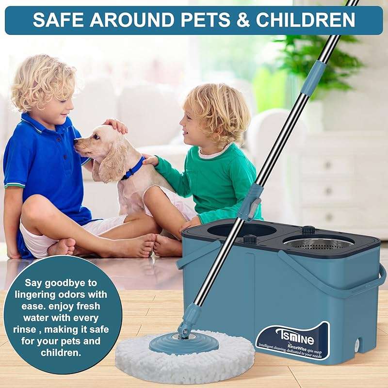 Gen 1 Large-Capacity Spin Mop and Bucket – for Big Homes & Deep Cleaning Days,4-Chamber System Separates Dirty & Clean Water, 2-GAL Heavy-Duty Design with Wheels & 8 Refill Mop Heads - Blue/Grey - Image 5