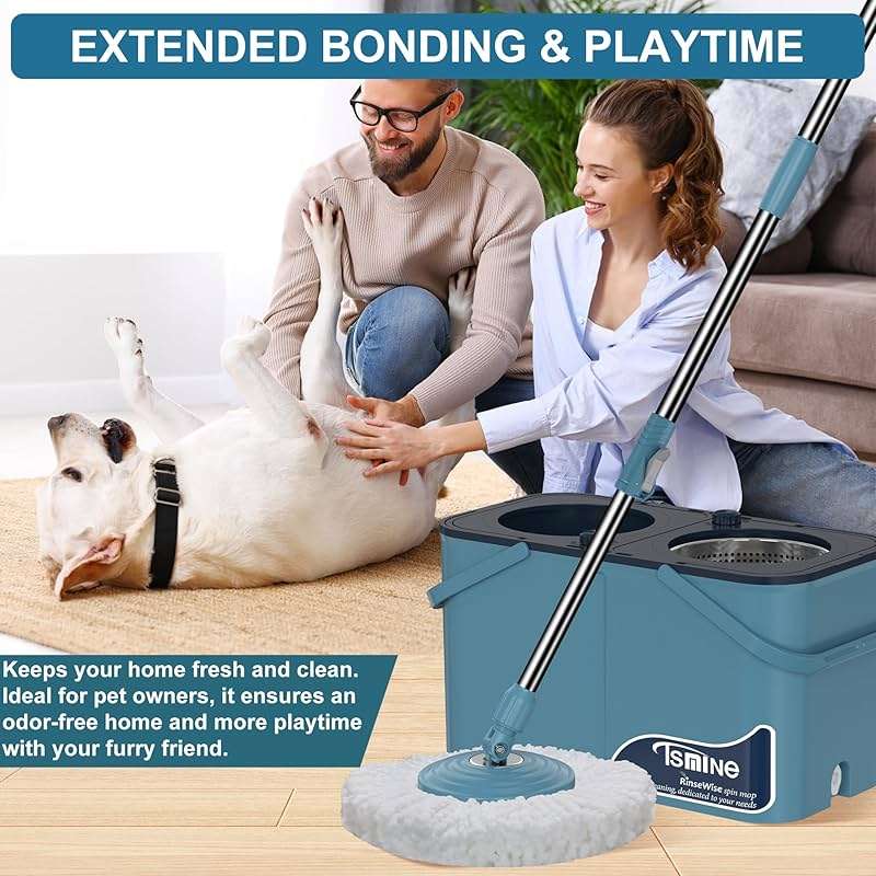 Gen 1 Large-Capacity Spin Mop and Bucket – for Big Homes & Deep Cleaning Days,4-Chamber System Separates Dirty & Clean Water, 2-GAL Heavy-Duty Design with Wheels & 8 Refill Mop Heads - Blue/Grey - Image 6