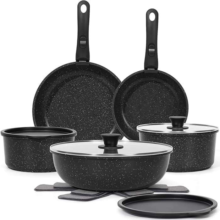 SODAY 15Pcs Pots and Pans Set Non Stick, Cookware Sets with Detachable Handle, Nonstick RV Kitchen Cooking Tools Removable Handles, Oven Safe, Induction Fast, Stackable Induction Cookware,Black - Image 1