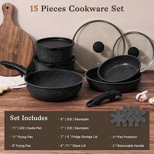SODAY 15Pcs Pots and Pans Set Non Stick, Cookware Sets with Detachable Handle, Nonstick RV Kitchen Cooking Tools Removable Handles, Oven Safe, Induction Fast, Stackable Induction Cookware,Black - Image 2