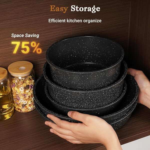SODAY 15Pcs Pots and Pans Set Non Stick, Cookware Sets with Detachable Handle, Nonstick RV Kitchen Cooking Tools Removable Handles, Oven Safe, Induction Fast, Stackable Induction Cookware,Black - Image 5