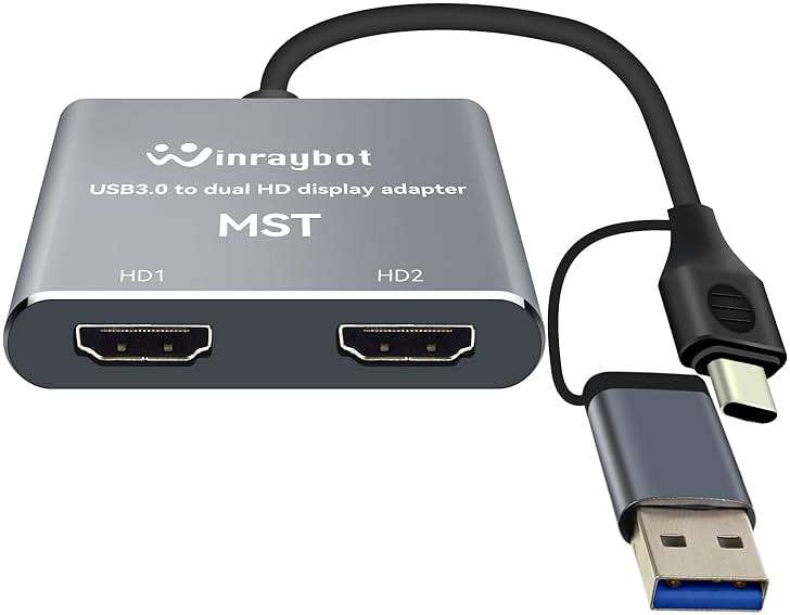 WinRaybot USB to HDMI Adapter for 2 Monitors-USB3.0 to Dual hdmi for 3 Monitors-USB to HDMI with Two HD Displau Supports Mac & Windows/Dual HDMI Extender -External Video & Graphics Card Adapter - Image 1