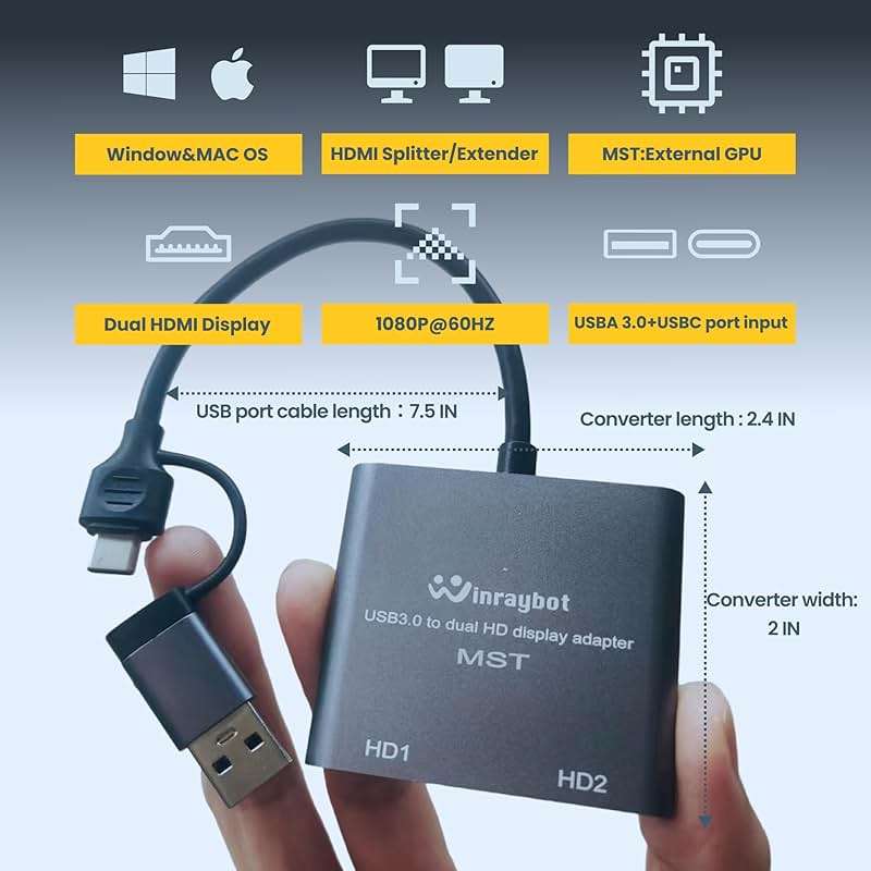 WinRaybot USB to HDMI Adapter for 2 Monitors-USB3.0 to Dual hdmi for 3 Monitors-USB to HDMI with Two HD Displau Supports Mac & Windows/Dual HDMI Extender -External Video & Graphics Card Adapter - Image 6