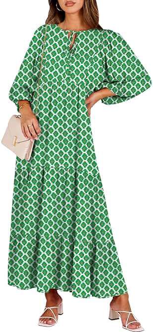 ANRABESS Womens Boho Maxi Dresses 2026 Summer V Neck Puff Sleeve Floral Flowy Swing Fall Casual Long Dress - Image 1