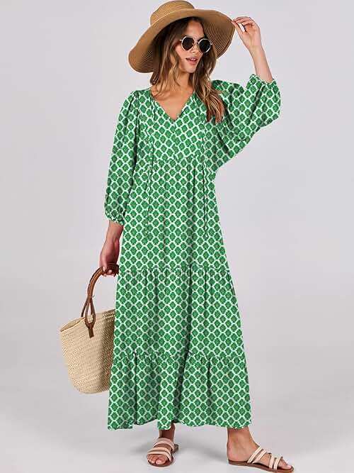 ANRABESS Womens Boho Maxi Dresses 2026 Summer V Neck Puff Sleeve Floral Flowy Swing Fall Casual Long Dress - Image 2