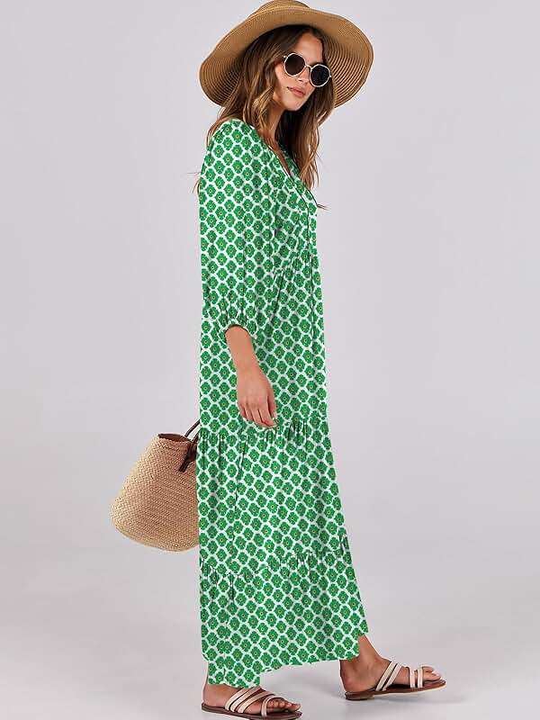 ANRABESS Womens Boho Maxi Dresses 2026 Summer V Neck Puff Sleeve Floral Flowy Swing Fall Casual Long Dress - Image 3