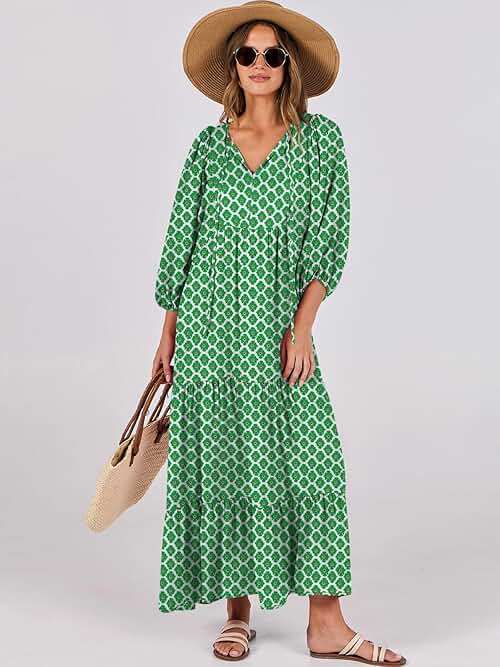 ANRABESS Womens Boho Maxi Dresses 2026 Summer V Neck Puff Sleeve Floral Flowy Swing Fall Casual Long Dress - Image 7