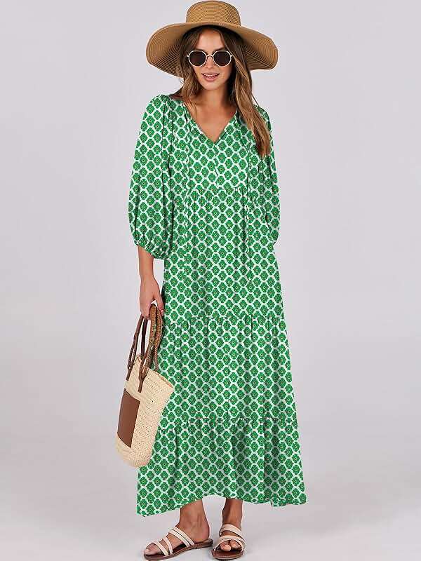 ANRABESS Womens Boho Maxi Dresses 2026 Summer V Neck Puff Sleeve Floral Flowy Swing Fall Casual Long Dress - Image 8