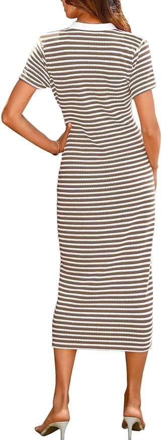 BTFBM Women Casual Summer Dresses Short Sleeve Striped Midi Dresses Decorative Button Ribbed Knit Dresses Party Dresses - Image 3