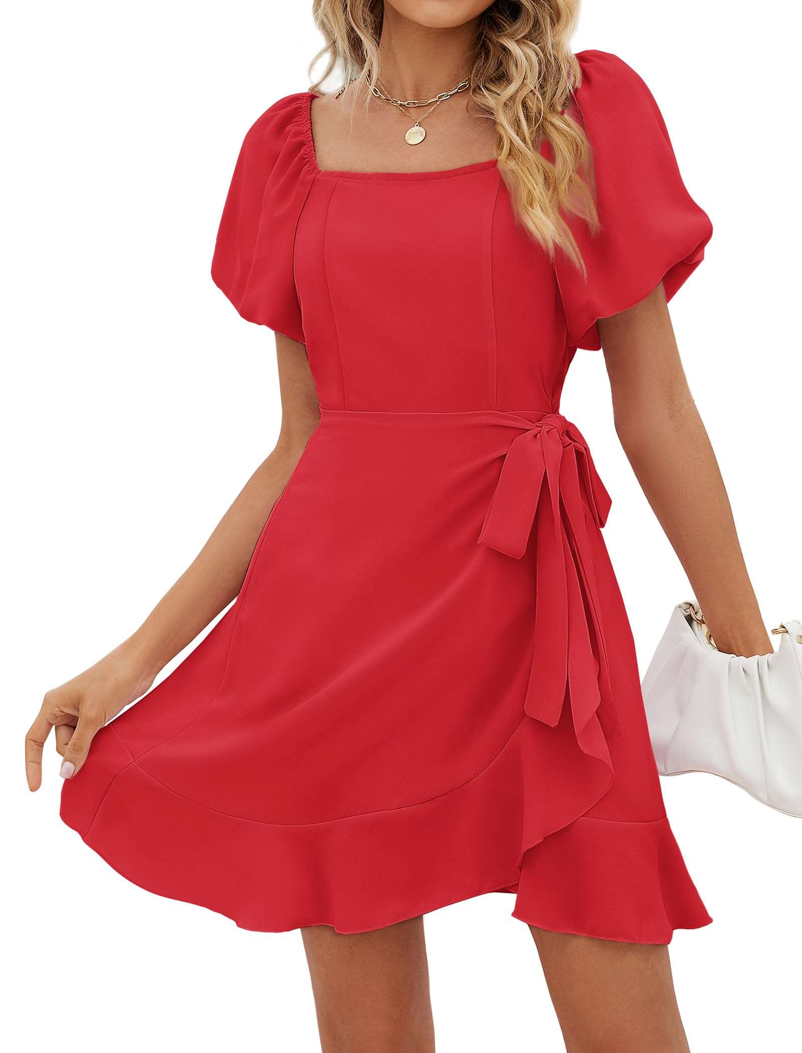 Sampeel Womens Summer Dresses Square Neck Puff Sleeve Tie Waist Short Dress - Image 1