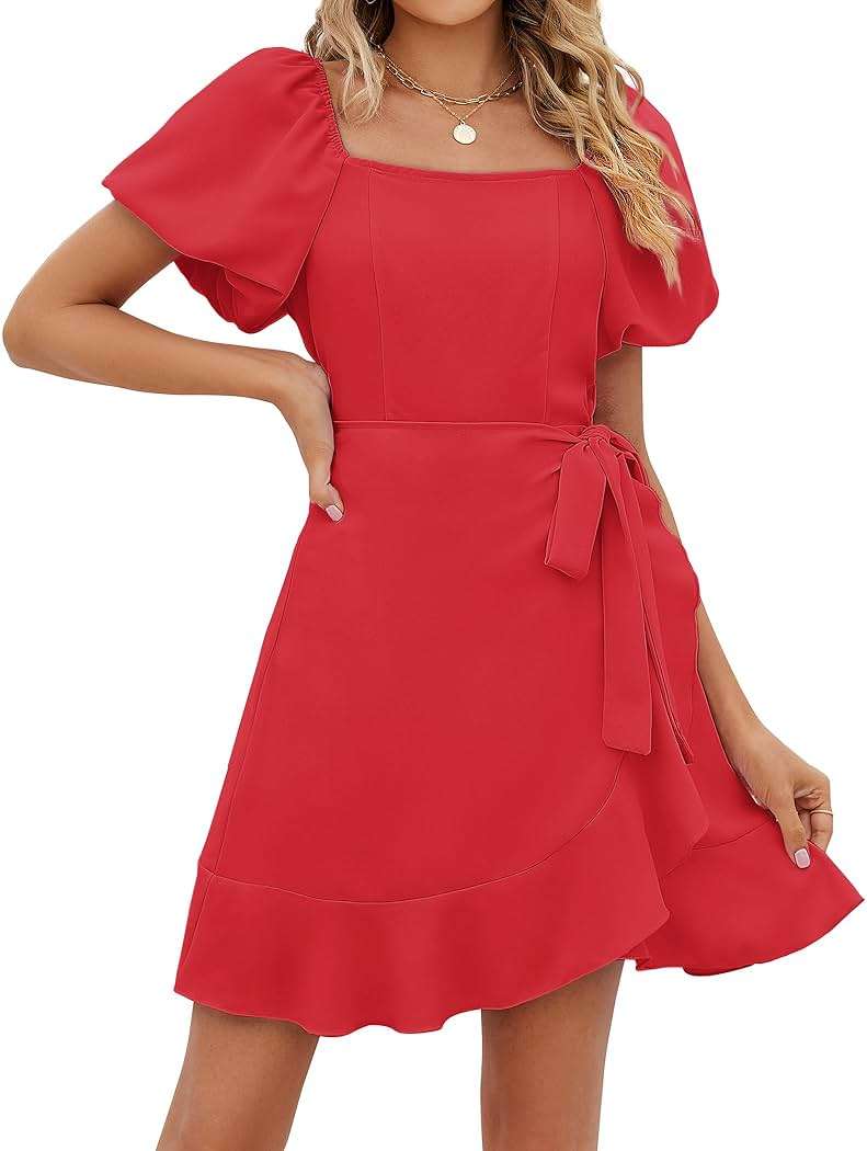 Sampeel Womens Summer Dresses Square Neck Puff Sleeve Tie Waist Short Dress - Image 2
