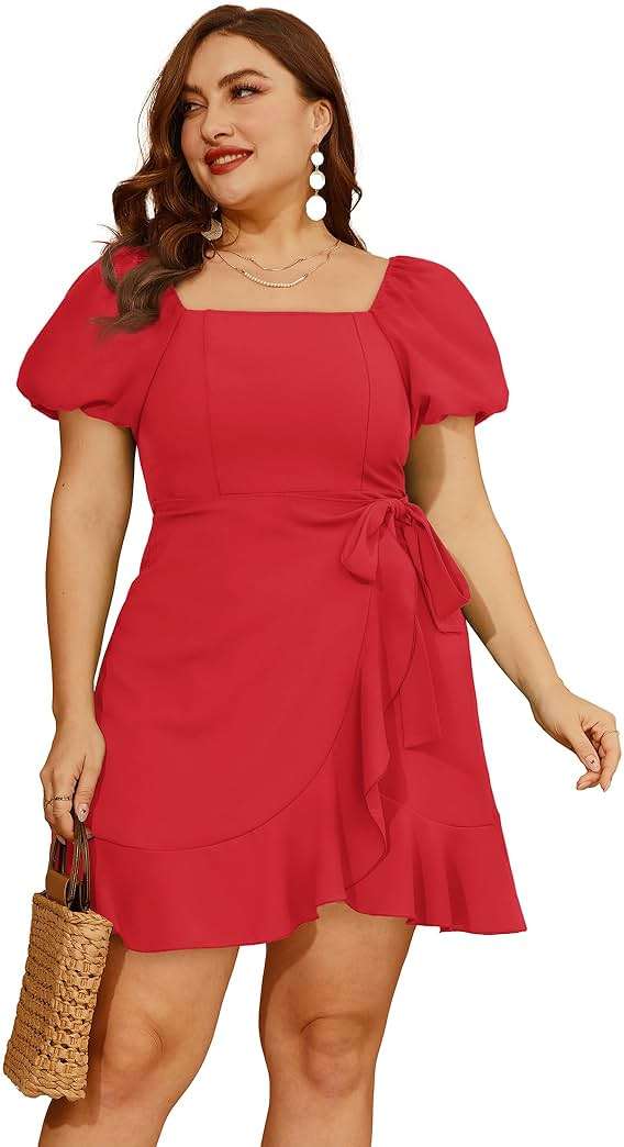 Sampeel Womens Summer Dresses Square Neck Puff Sleeve Tie Waist Short Dress - Image 3