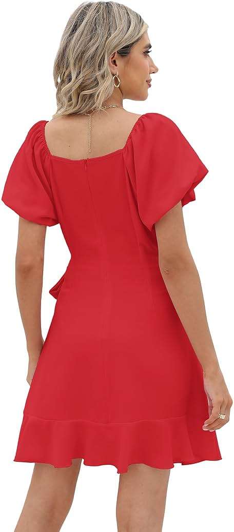 Sampeel Womens Summer Dresses Square Neck Puff Sleeve Tie Waist Short Dress - Image 4